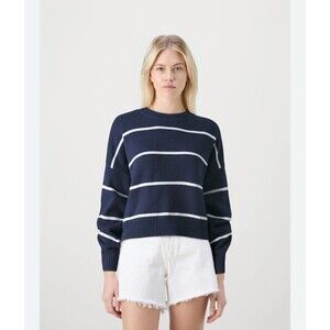 Hollister Women’s Easy Crew Sweater Navy Blue White Striped Size S